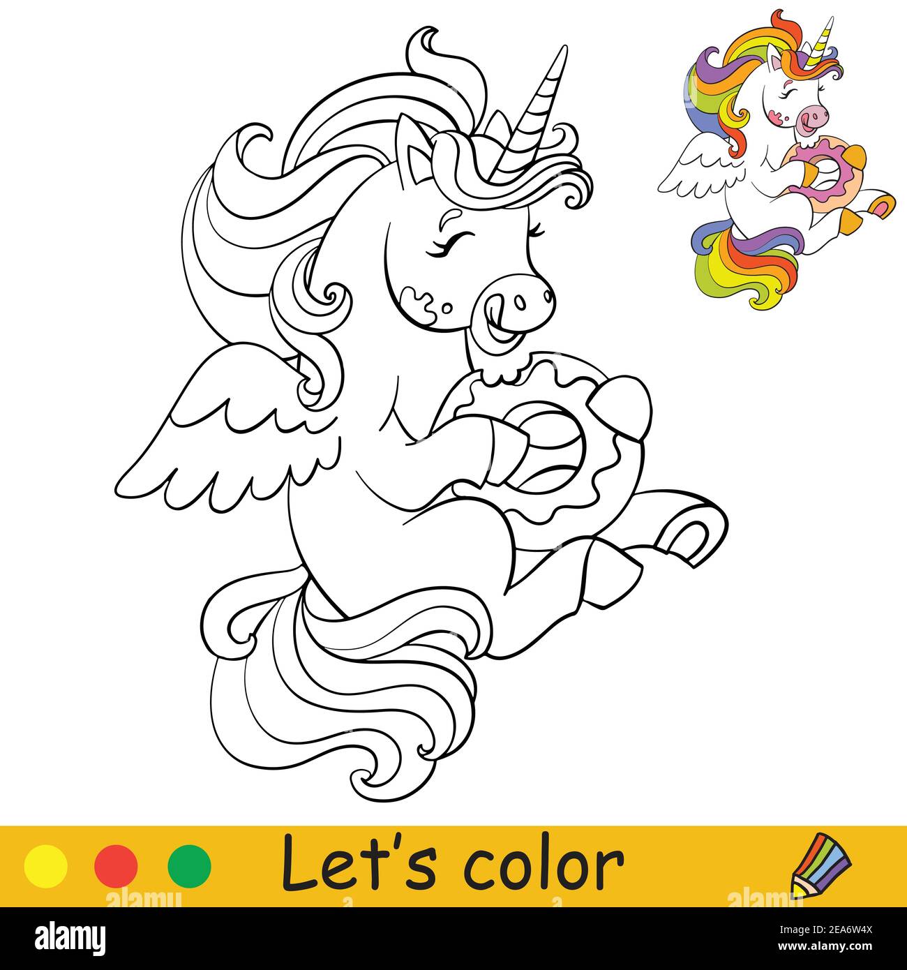 Cute little unicorn eating a doughnut. Coloring book page with colorful