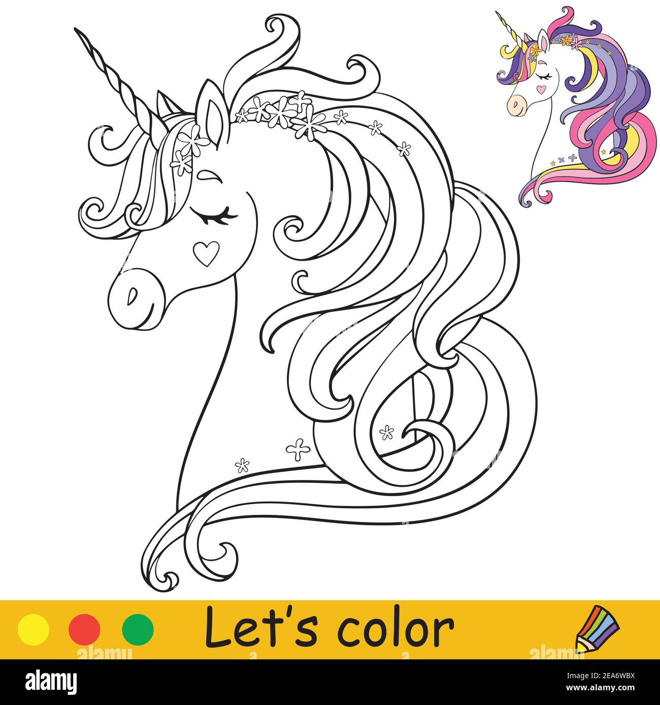 Cute dreaming head of unicorn. Coloring book page with colorful template.  Vector cartoon illustration isolated on white background. For coloring book  Stock Vector Image & Art - Alamy