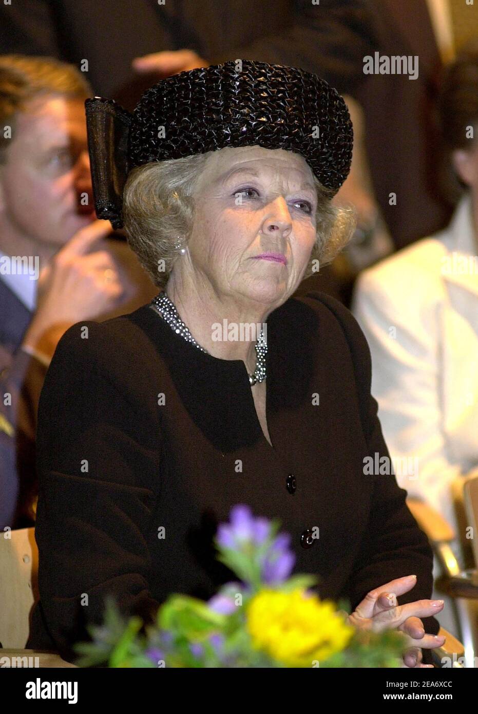 ENSCHEDE, THE NETHERLANDS - SEPT 17, 2001: Royal Highness Queen Beatrix of the Netherlands listening to speeches at the opening of the new city hall o Stock Photo