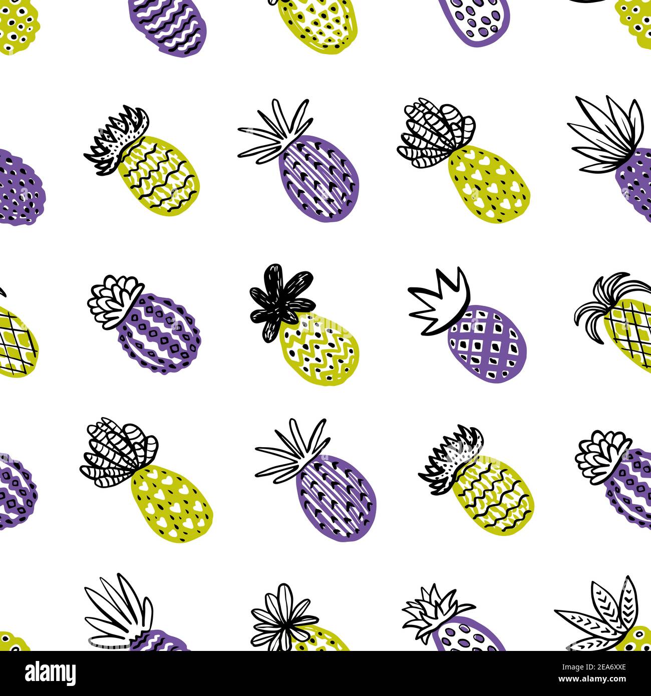 Seamless pineapple pattern. Handdrawn Pinapple with different textures in pastel colors. Exotic fruits background For Fashion print, textile, fabric Stock Vector