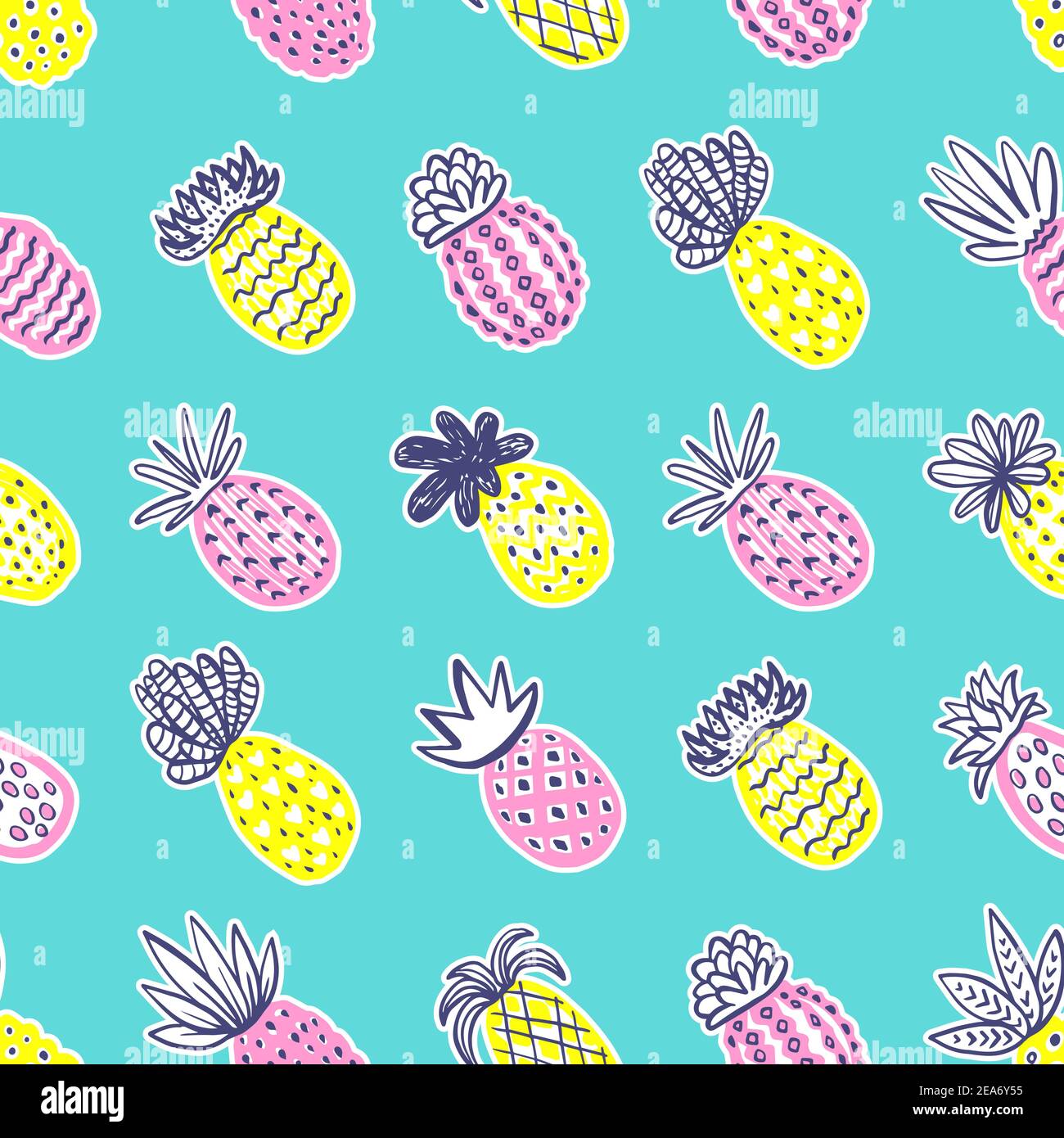 Seamless pineapple pattern. Handdrawn Pinapple with different textures in pastel colors on blue teal background. Exotic fruits background For Fashion Stock Vector