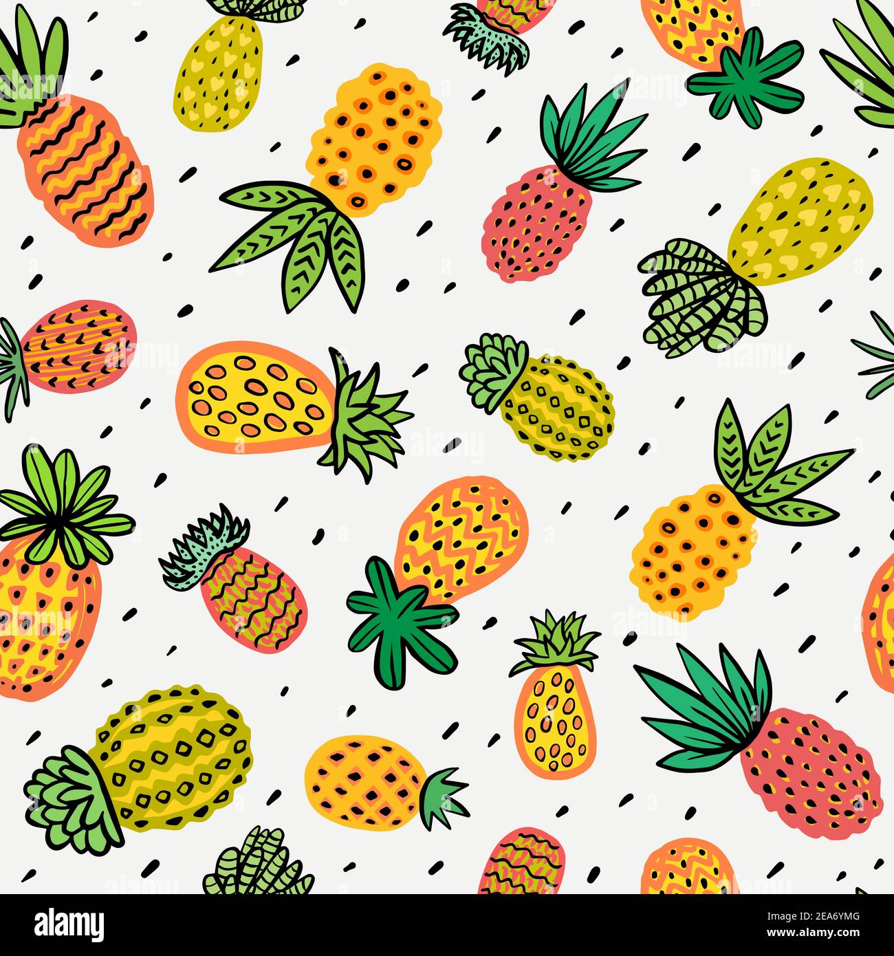 Seamless sunny pineapple pattern. Decorative Pinapple with different textures in warm colors. Exotic fruits background For Fashion print textile Stock Vector