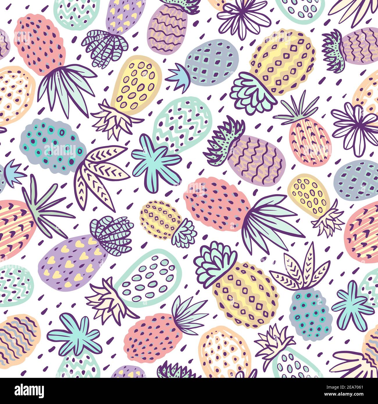 Seamless pineapple pattern. Handdrawn Pinapple with different textures in pastel colors. Exotic fruits background For Fashion print, textile, fabric Stock Vector