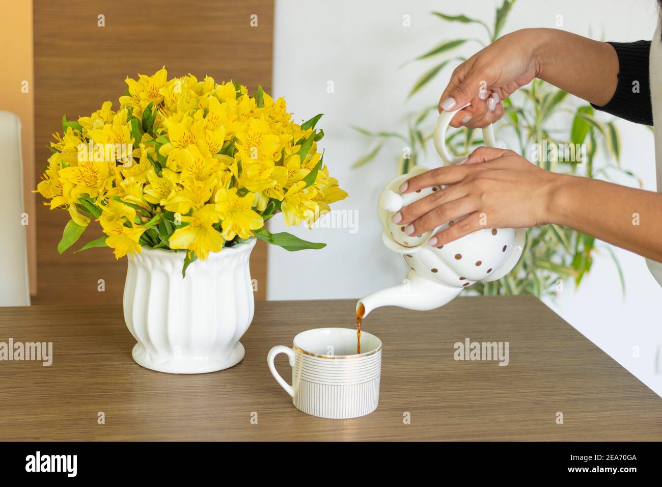 Serving coffee from a jug into a cup Stock Photo Alamy