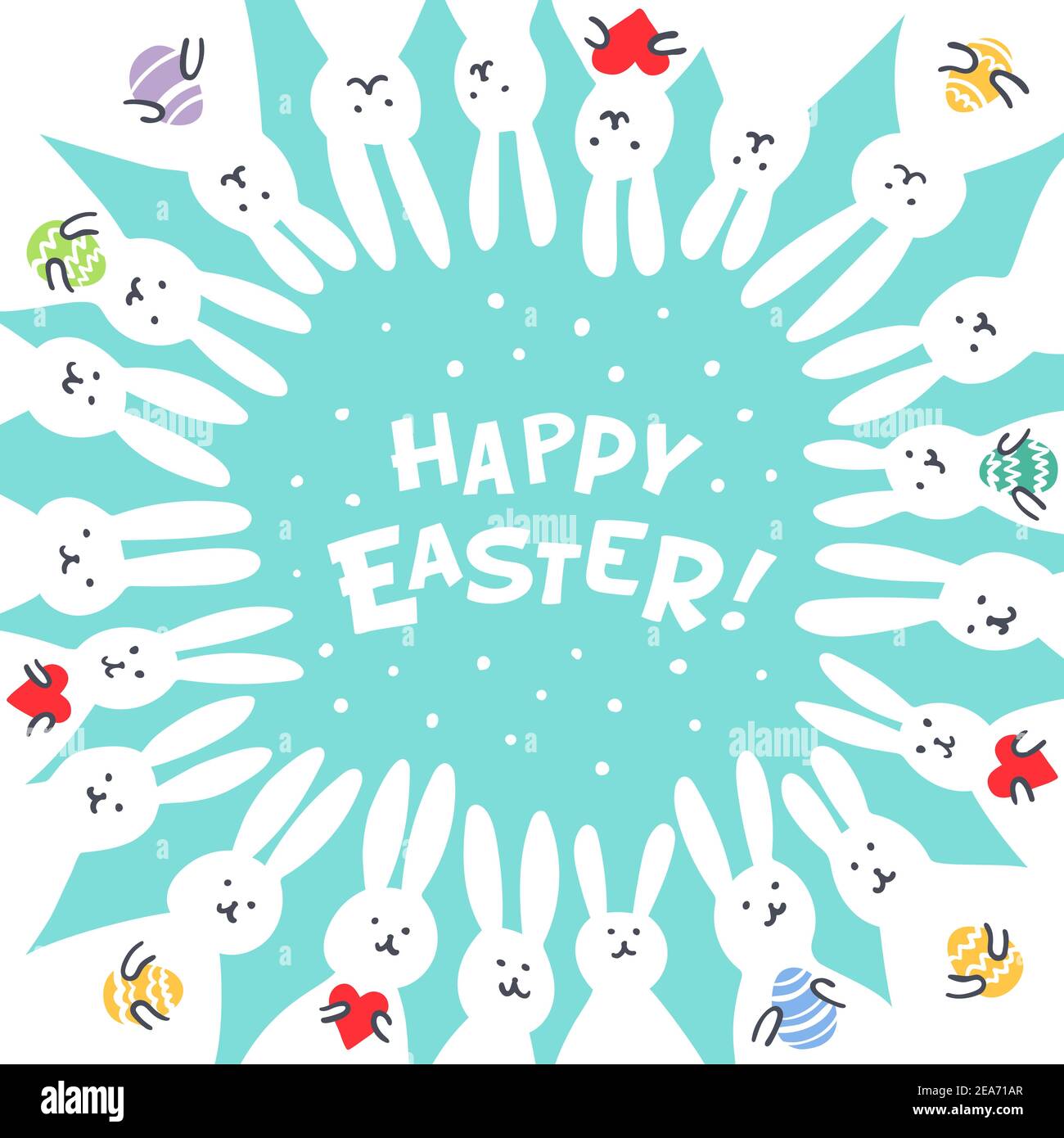 Funny Bunny Easter Greeting Card With White Easter Rabbits Illustration Of Cute Bunnies With Easter Eggs And Hearts And Happy Easter Text Vector Ill Stock Vector Image Art Alamy