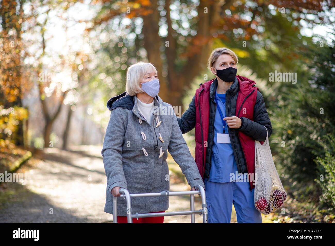 Senior woman with walking frame and caregiver outdoors on a walk in ...