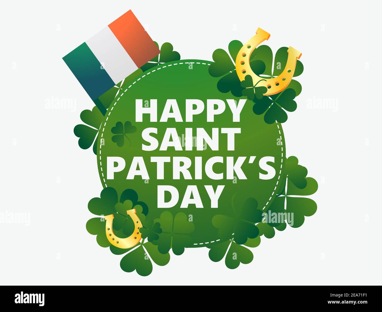Happy Saint Patrick's Day. Gold horseshoe and Irish flag with clover. Background for advertising products, postcards and printing. Vector illustration Stock Vector