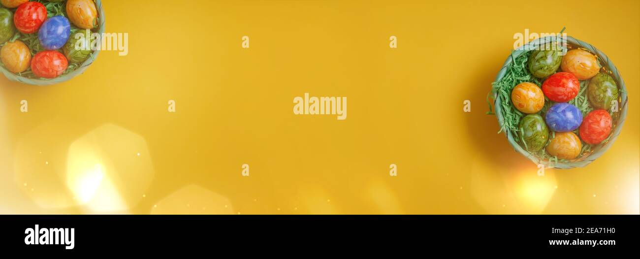 Banner for easter card. Flat lay composition with Easter eggs on yellow background. Stock Photo