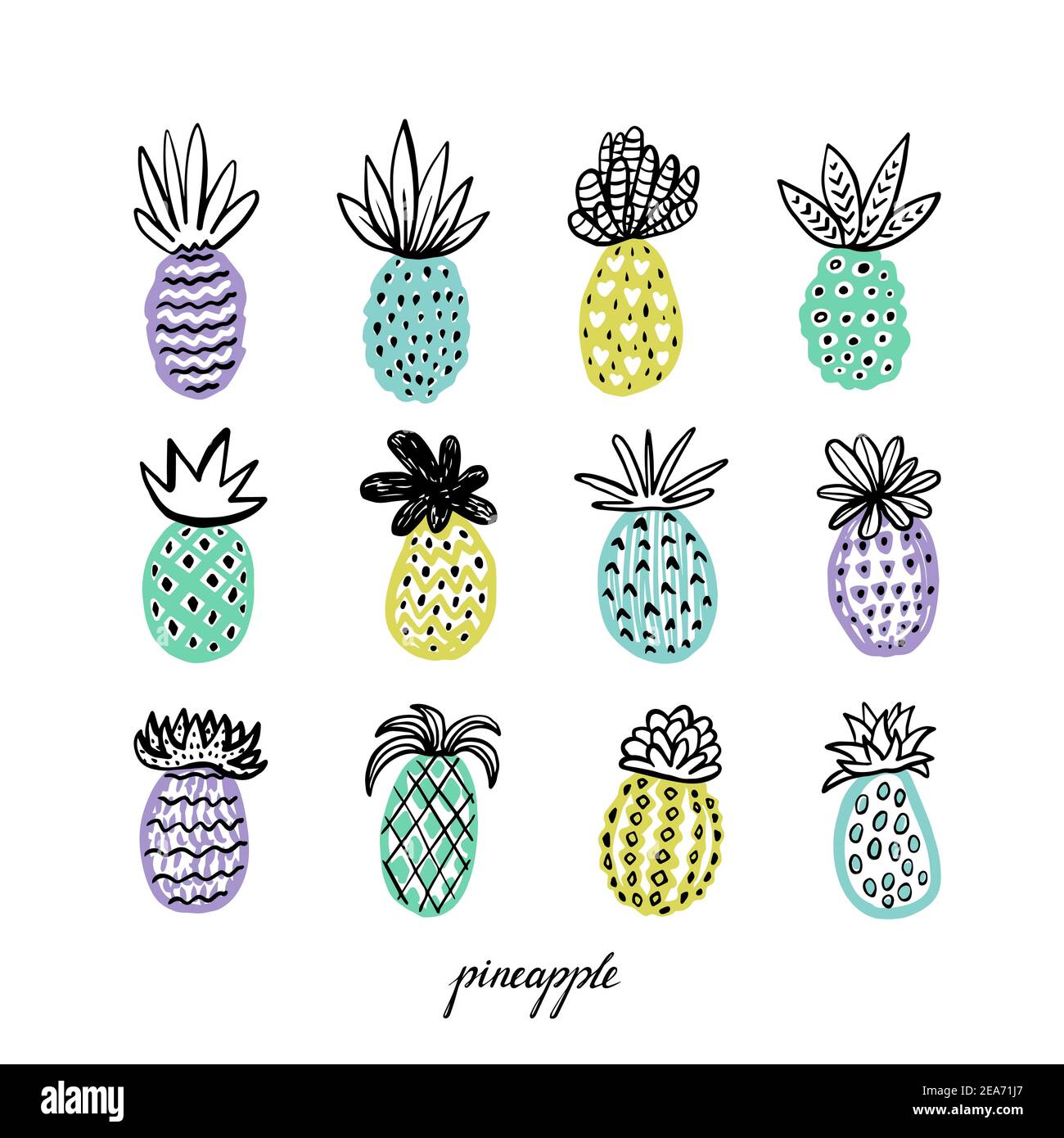 Set of pineapples. Hand drawn Decorative Pineapple with different textures in pastel colors, yellow, teal, blue-violet. Exotic fruits on white background Stock Vector