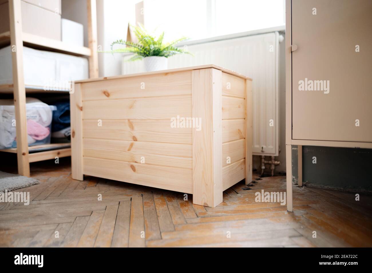 Wooden furniture box indoors in office, natural decor concept Stock ...