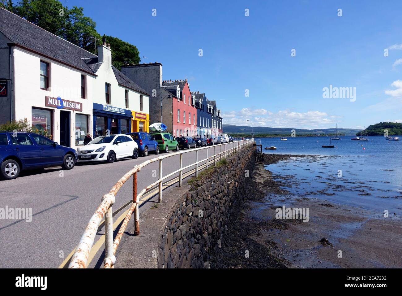 Tobermory, Isle of Mull: Coloured houses on the village main street. Stock Photo