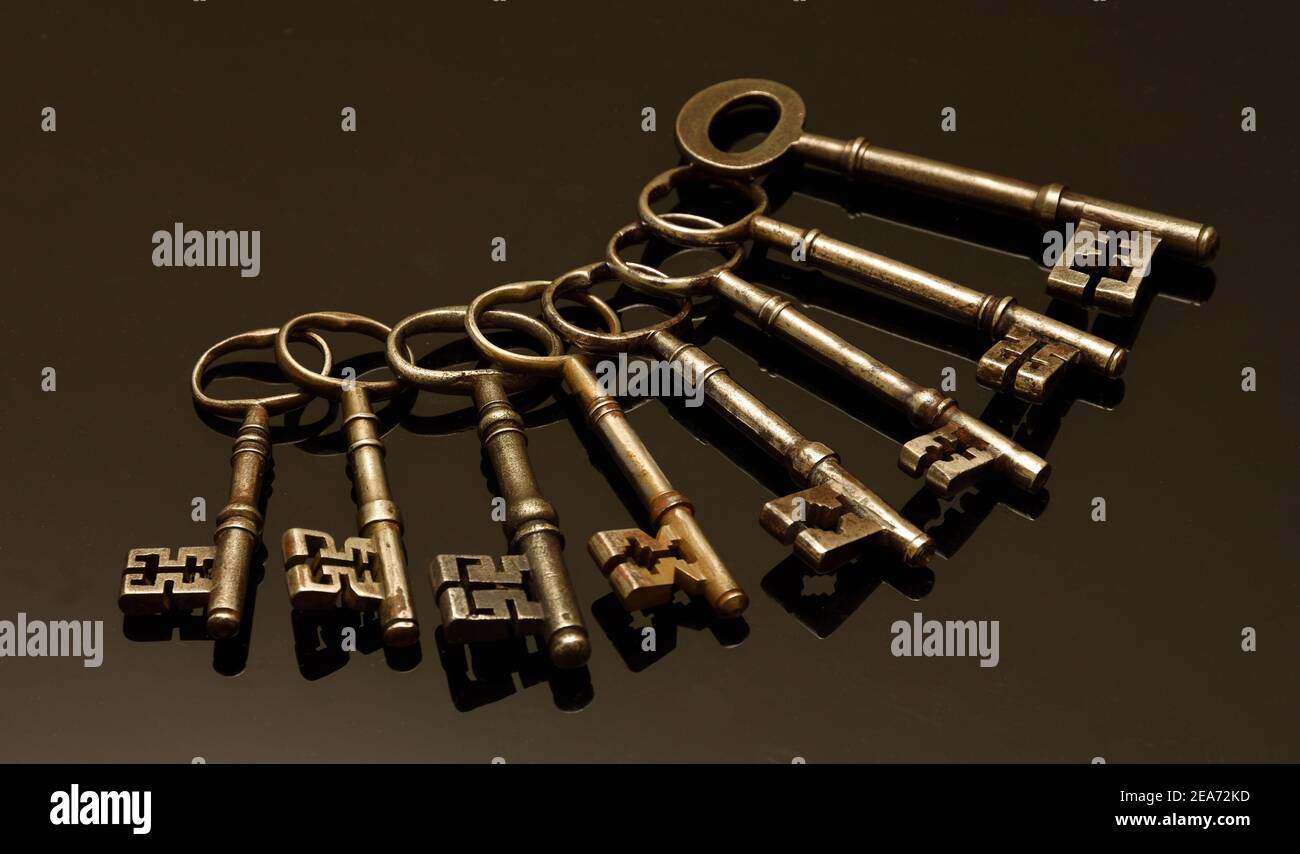 Eight Antique keys on black background Stock Photo