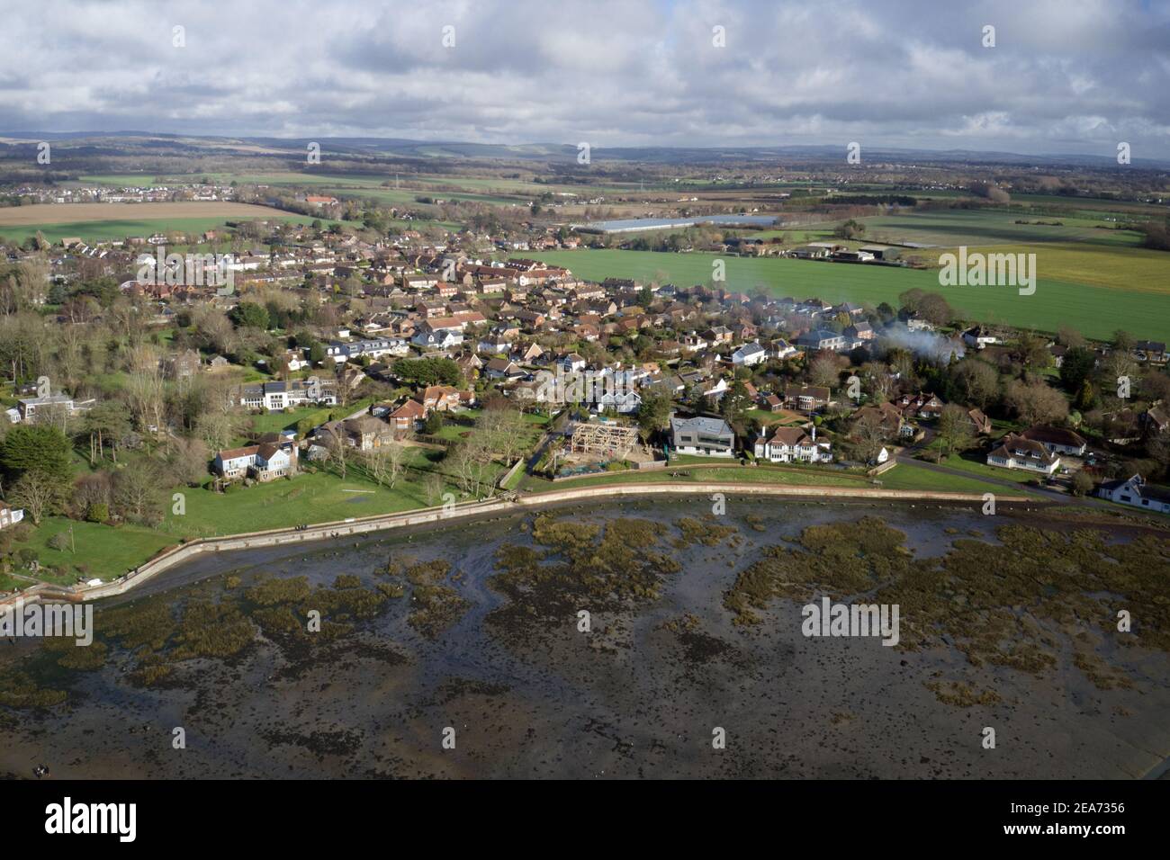 Aerial view of the yachts and old English Cottages at Bosham in Southern England. Stock Photo