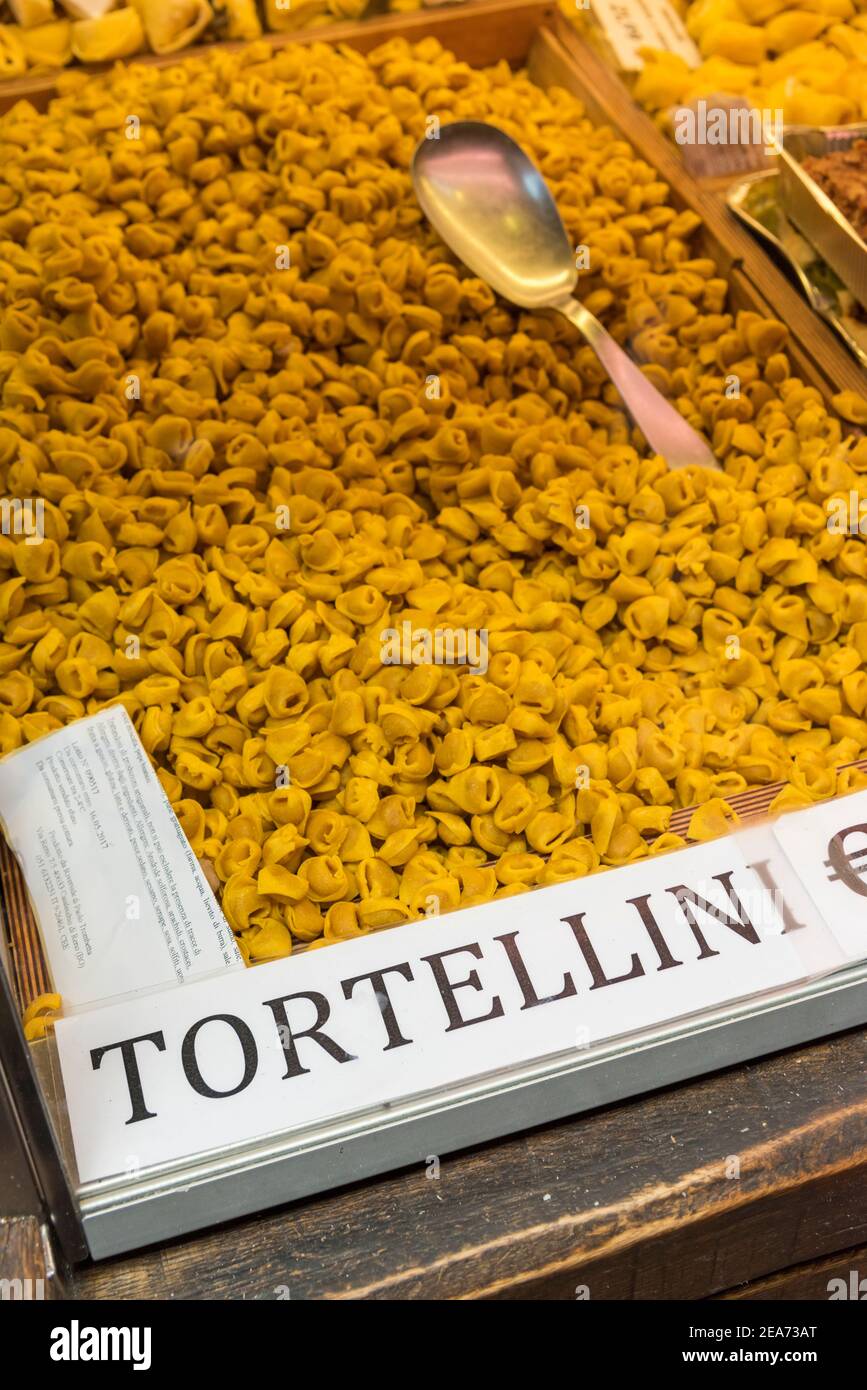 Tortellini pasta for sale in a shop window in Bologna Italy Stock Photo