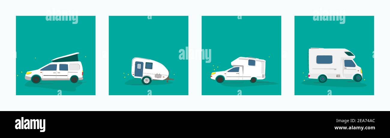 Vector illustration of various camper cars. Mobile home travel concept, camping, car trip. Stock Vector