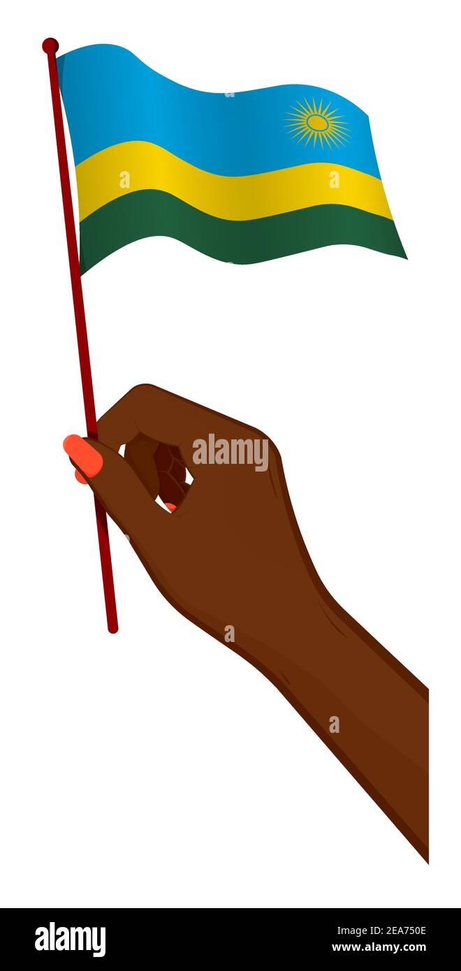 Female hand gently holds small flag of republic of Rwanda. Holiday design element. Cartoon vector on white background Stock Vector