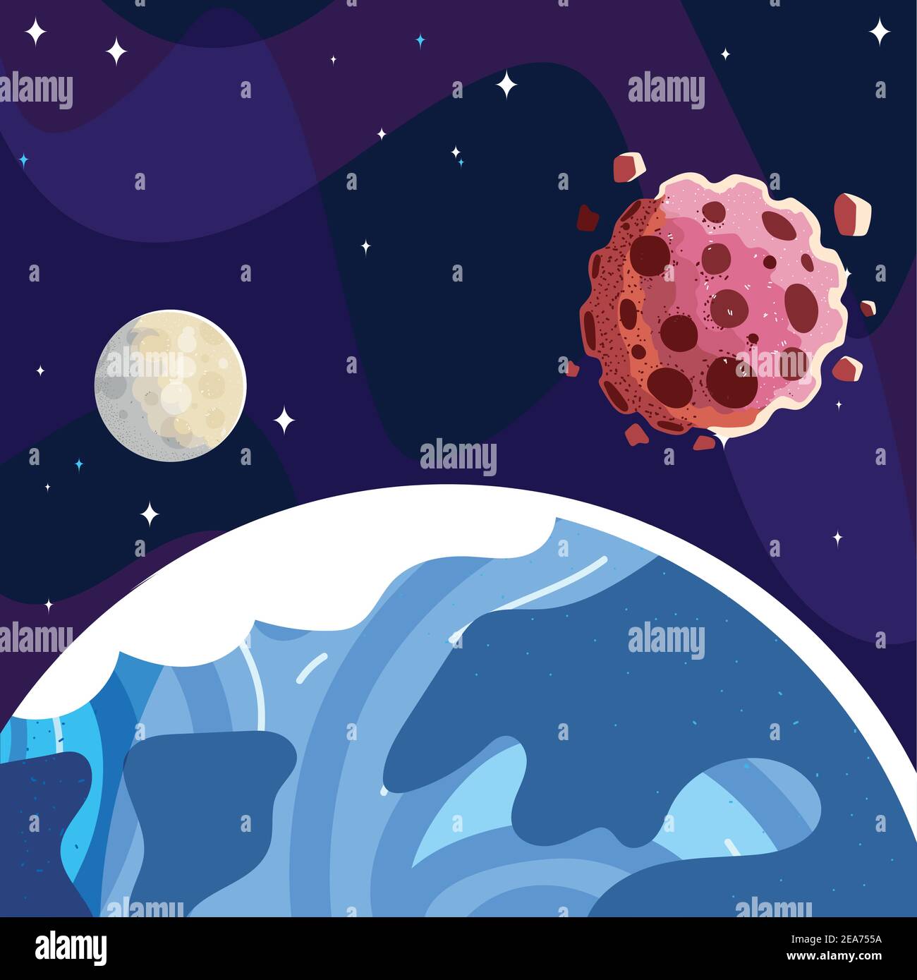 space earth planet moon and asteroids starry sky vector illustration ...