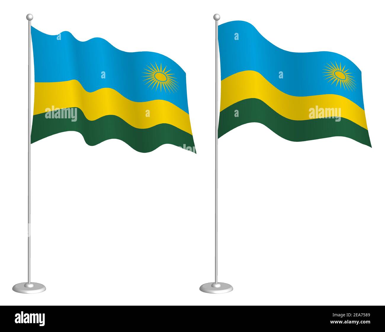 flag of republic of Rwanda on flagpole waving in wind. Holiday design element. Checkpoint for map symbols. Isolated vector on white background Stock Vector