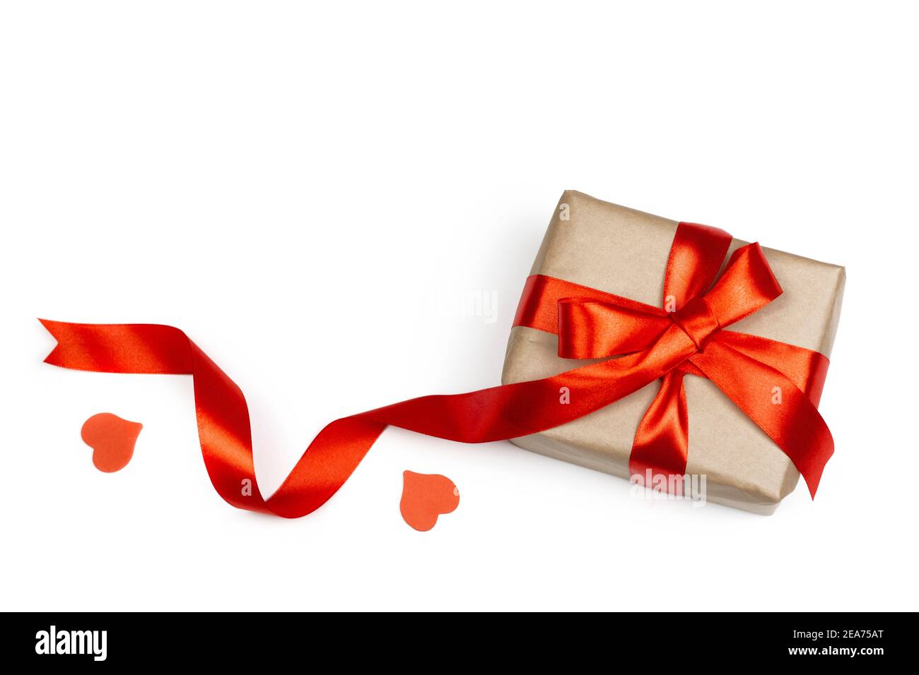 Gift box with red ribbon and little red heart on white background ...