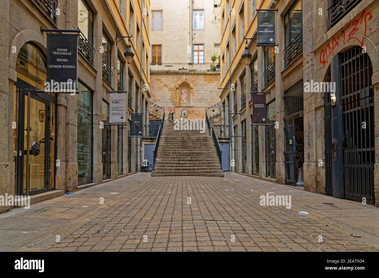 LYON, FRANCE, February 6, 2021 : The Passage Thiaffait is an urban area, and a famous traboule, located on the slopes of La Croix-Rousse. All its work Stock Photo