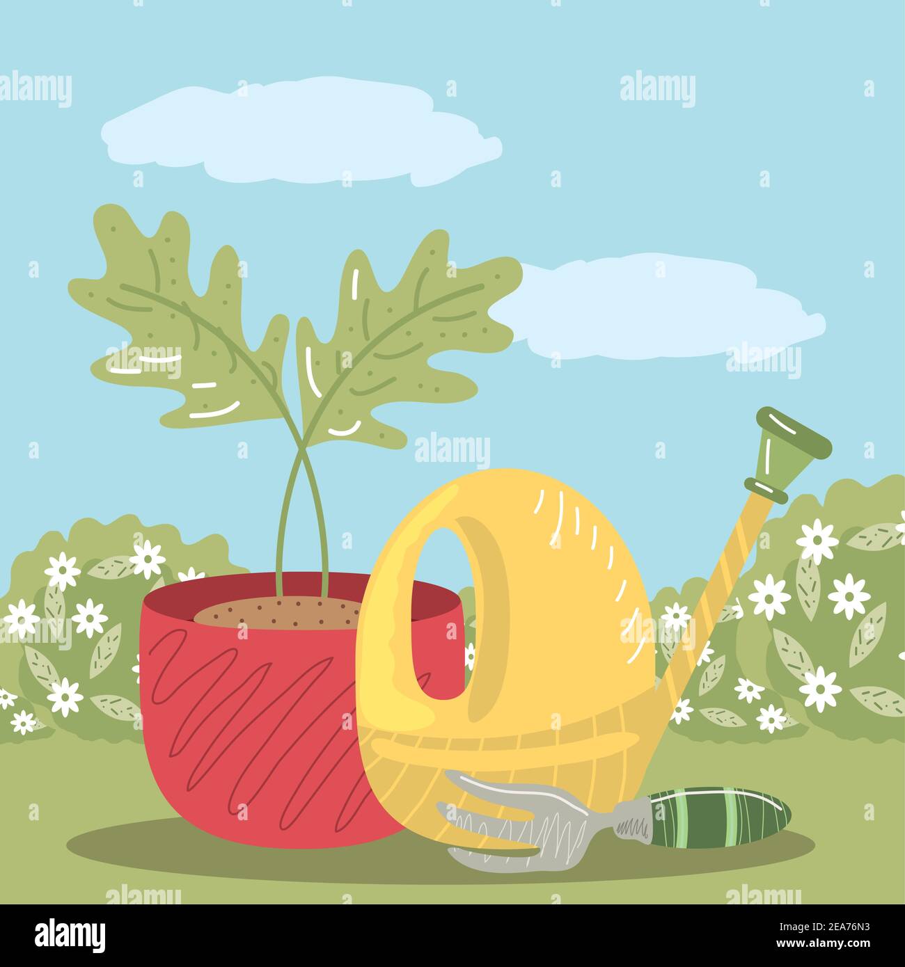 home garden rake potted plant and watering can vector illustration ...