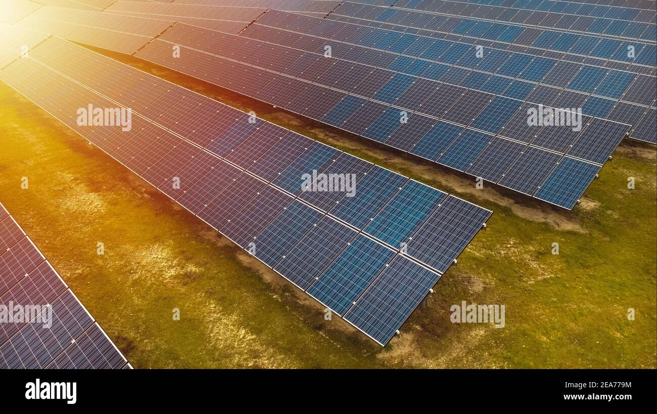 Solar panels at sunset or sunrise. Photovoltaic, alternative