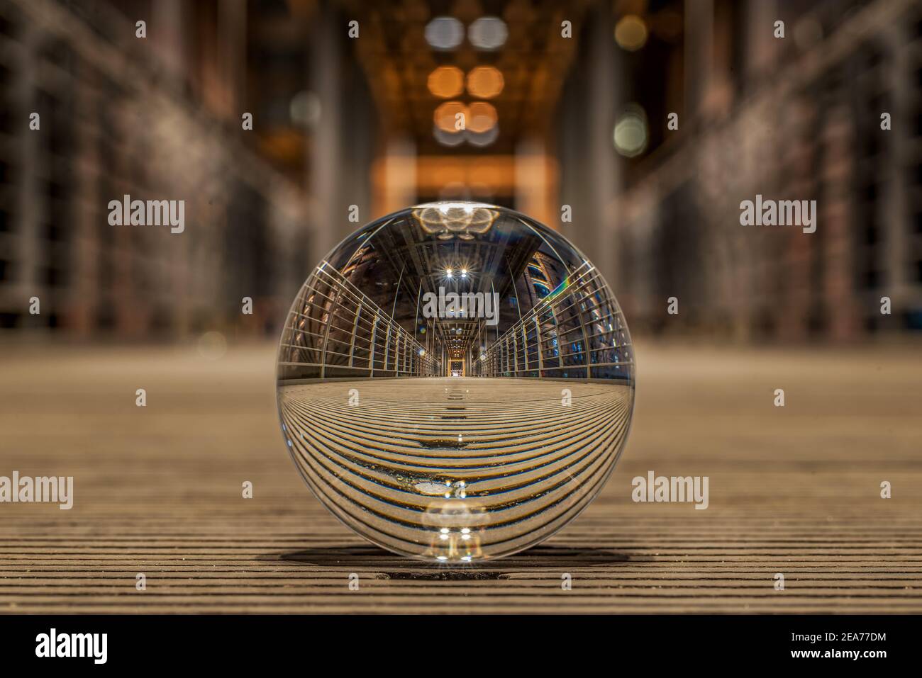 Hamburg Speicherstadt Kibbelstegbruecke at night in a cristal ball Stock Photo