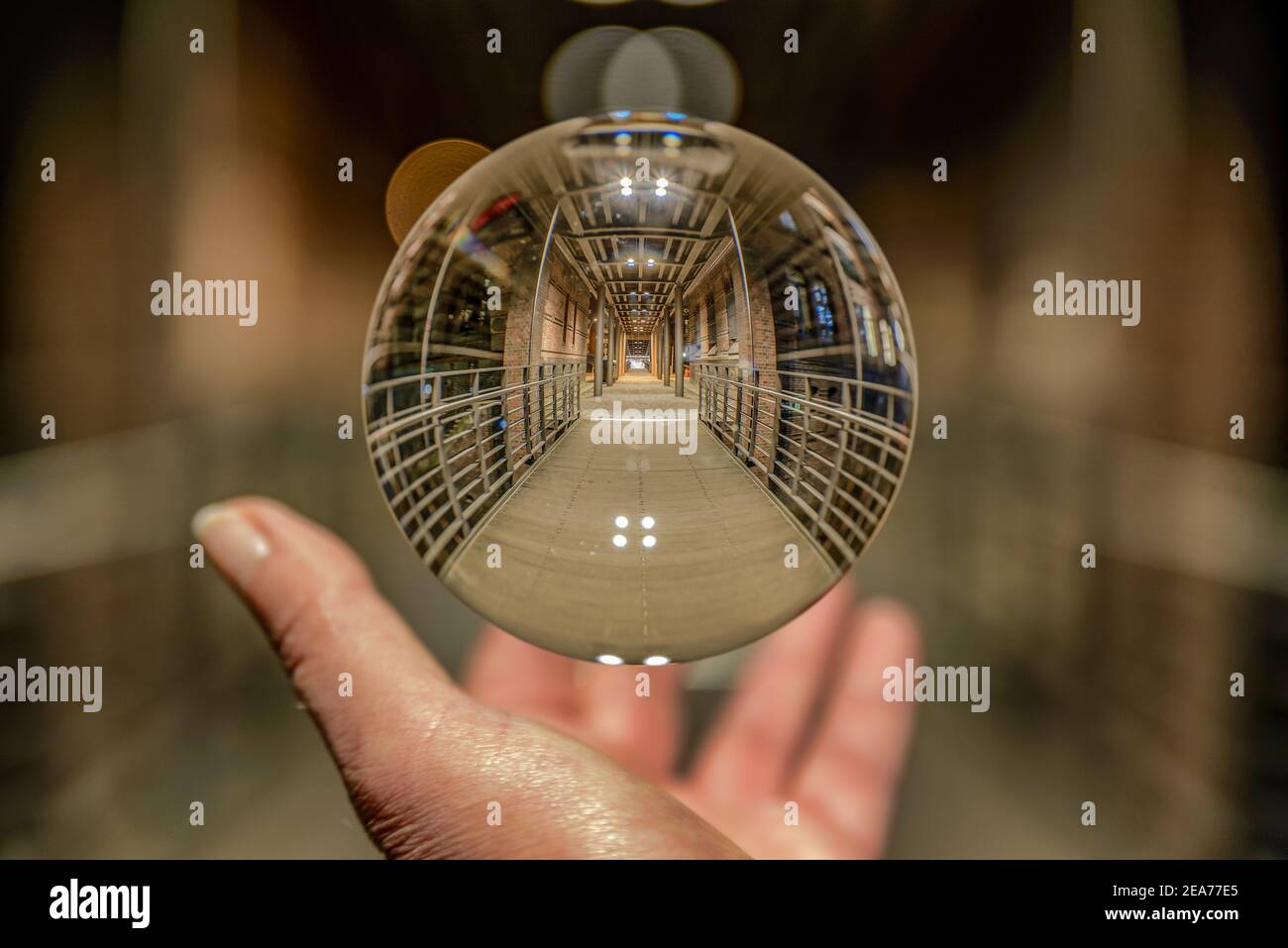 Hamburg Speicherstadt Kibbelstegbruecke at night in a cristal ball Stock Photo
