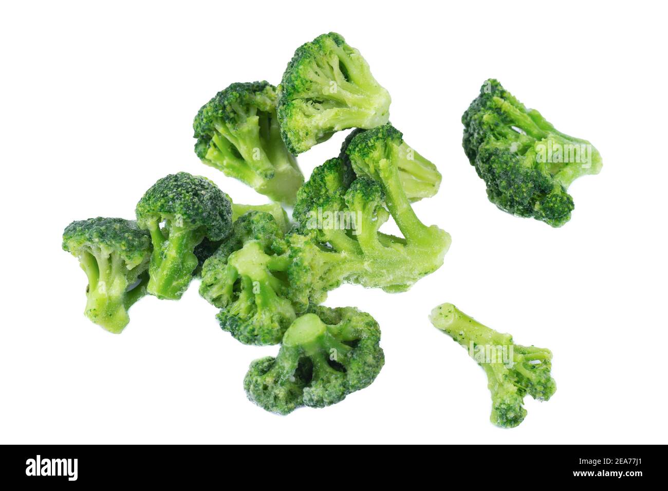 Frozen organic broccoli on white background Stock Photo