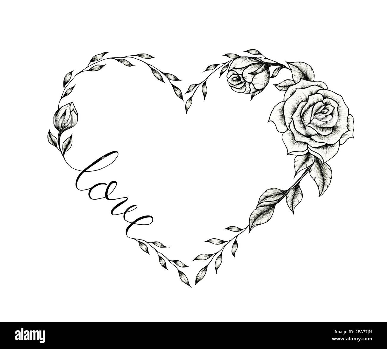 Vintage floral heart frame, hand drawn black heart design with roses isolated on white, black floral heart sketch for Valentine's day, mother's day Stock Photo