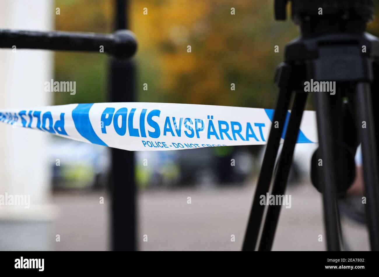 ASKERSUND, SWEDEN- 3 OCTOBER 2020: Police barrier tape at a crime scene. Stock Photo