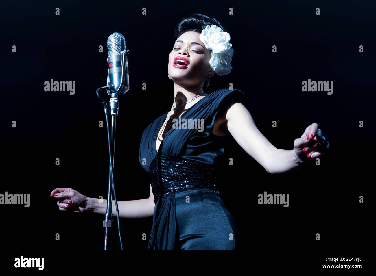 The United States vs. Billie Holiday (2021) directed by Lee Daniels and starring Andra Day as jazz and swing music singer Billie Holiday who was the subject of an undercover sting operation run by the Federal Department of Narcotics. Stock Photo