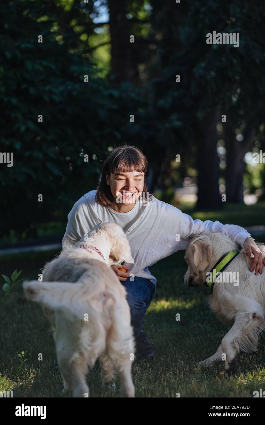 Beautiful woman with playful young dogs on fresh green meadow Stock Photo