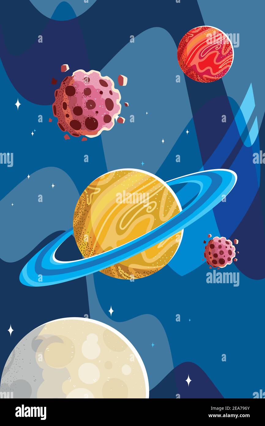 space saturn planets asteroids and moon cosmos vector illustration ...