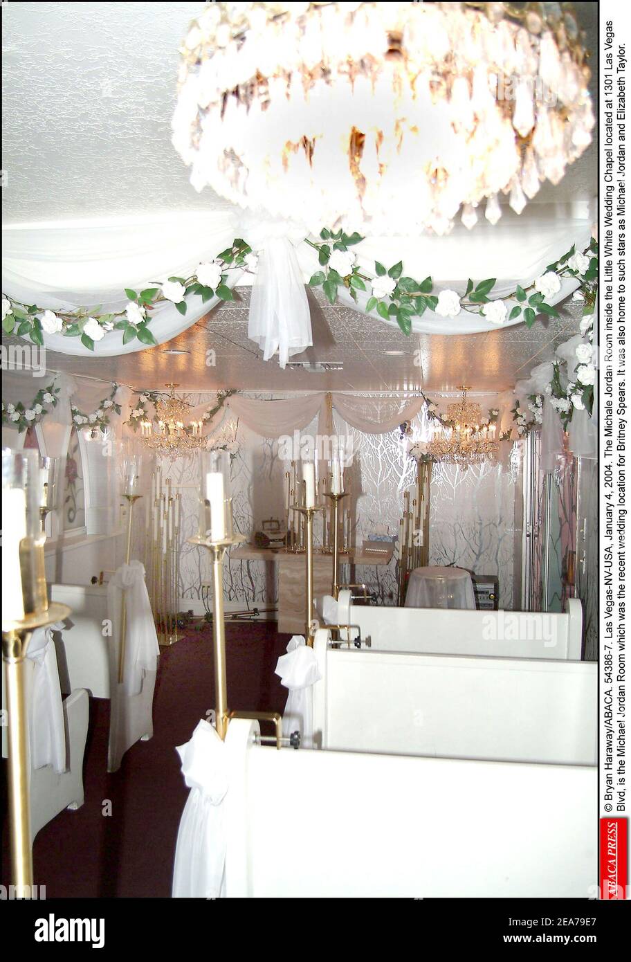 © Bryan Haraway/ABACA. 54386-7. Las Vegas-NV-USA, January 4, 2004. The Michale Jordan Room inside the Little White Wedding Chapel located at 1301 Las Vegas Blvd, is the Michael Jordan Room which was the recent wedding location for Britney Spears. It was also home to such stars as Michael Jordan and Elizabeth Taylor. Stock Photo