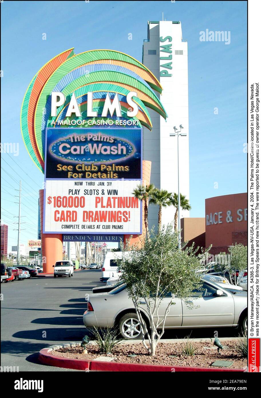 © Bryan Haraway/ABACA. 54386-3. Las Vegas-NV-USA, January 4, 2004. The Palms Hotel/Casino located in Las Vegas Nevada, was the recent party place for Britney Spears and new husband. The were reported to be guests of owner operator George Maloof. Stock Photo