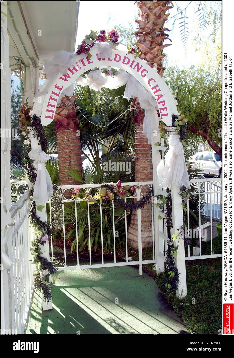 © Bryan Haraway/ABACA. 54386-11. Las Vegas-NV-USA, January 4, 2004. The entrance of The Little White Wedding Chapel located at 1301 Las Vegas Blvd, was the recent wedding location for Britney Spears. It was also home to such stars as Michael Jordan and Elizabeth Taylor. Stock Photo