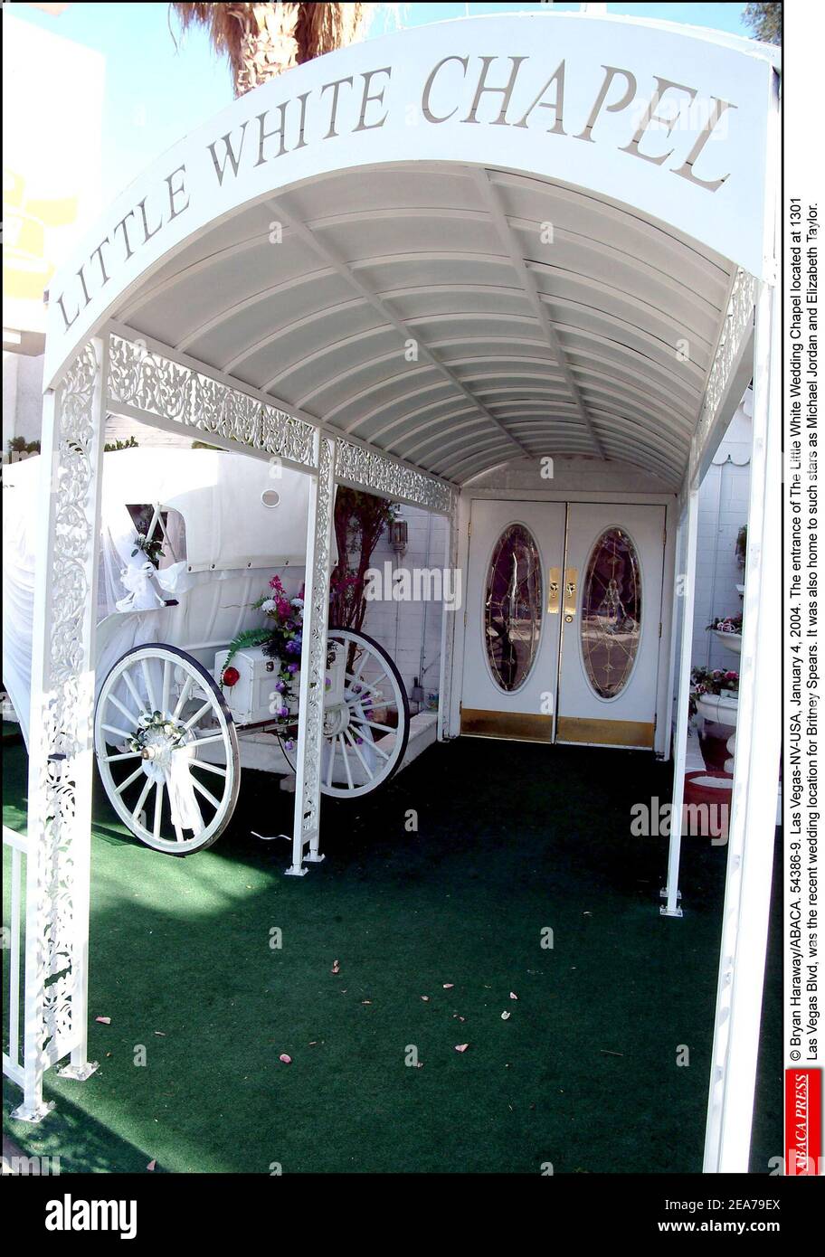 © Bryan Haraway/ABACA. 54386-9. Las Vegas-NV-USA, January 4, 2004. The entrance of The Little White Wedding Chapel located at 1301 Las Vegas Blvd, was the recent wedding location for Britney Spears. It was also home to such stars as Michael Jordan and Elizabeth Taylor. Stock Photo