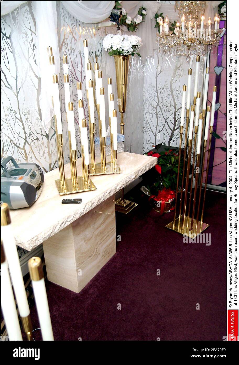 © Bryan Haraway/ABACA. 54386-5. Las Vegas-NV-USA, January 4, 2004. The Michael Jordan Room inside The Little White Wedding Chapel located at 1301 Las Vegas Blvd, was the recent wedding location for Britney Spears. It was also home to such stars as Michael Jordan and Elizabeth Taylor. Stock Photo