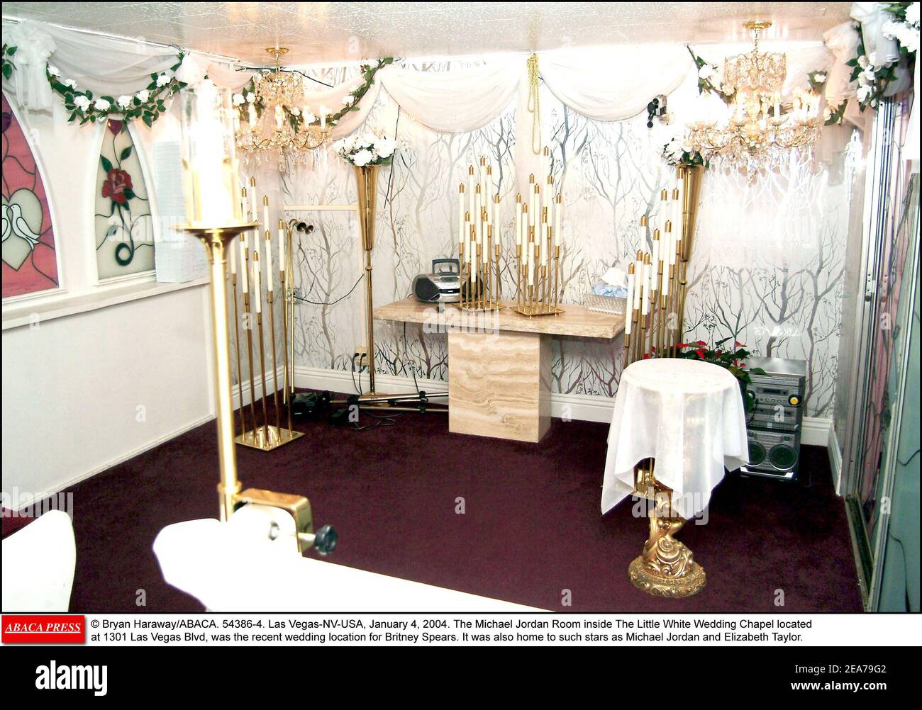 © Bryan Haraway/ABACA. 54386-4. Las Vegas-NV-USA, January 4, 2004. The Michael Jordan Room inside The Little White Wedding Chapel located at 1301 Las Vegas Blvd, was the recent wedding location for Britney Spears. It was also home to such stars as Michael Jordan and Elizabeth Taylor. Stock Photo