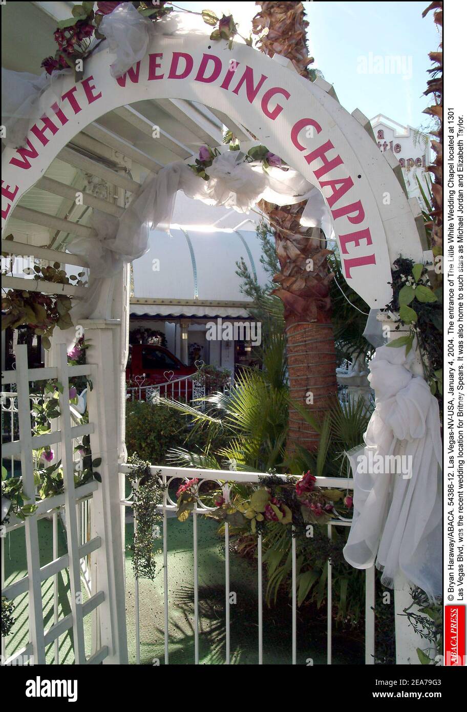 © Bryan Haraway/ABACA. 54386-12. Las Vegas-NV-USA, January 4, 2004. The entrance of The Little White Wedding Chapel located at 1301 Las Vegas Blvd, was the recent wedding location for Britney Spears. It was also home to such stars as Michael Jordan and Elizabeth Taylor. Stock Photo