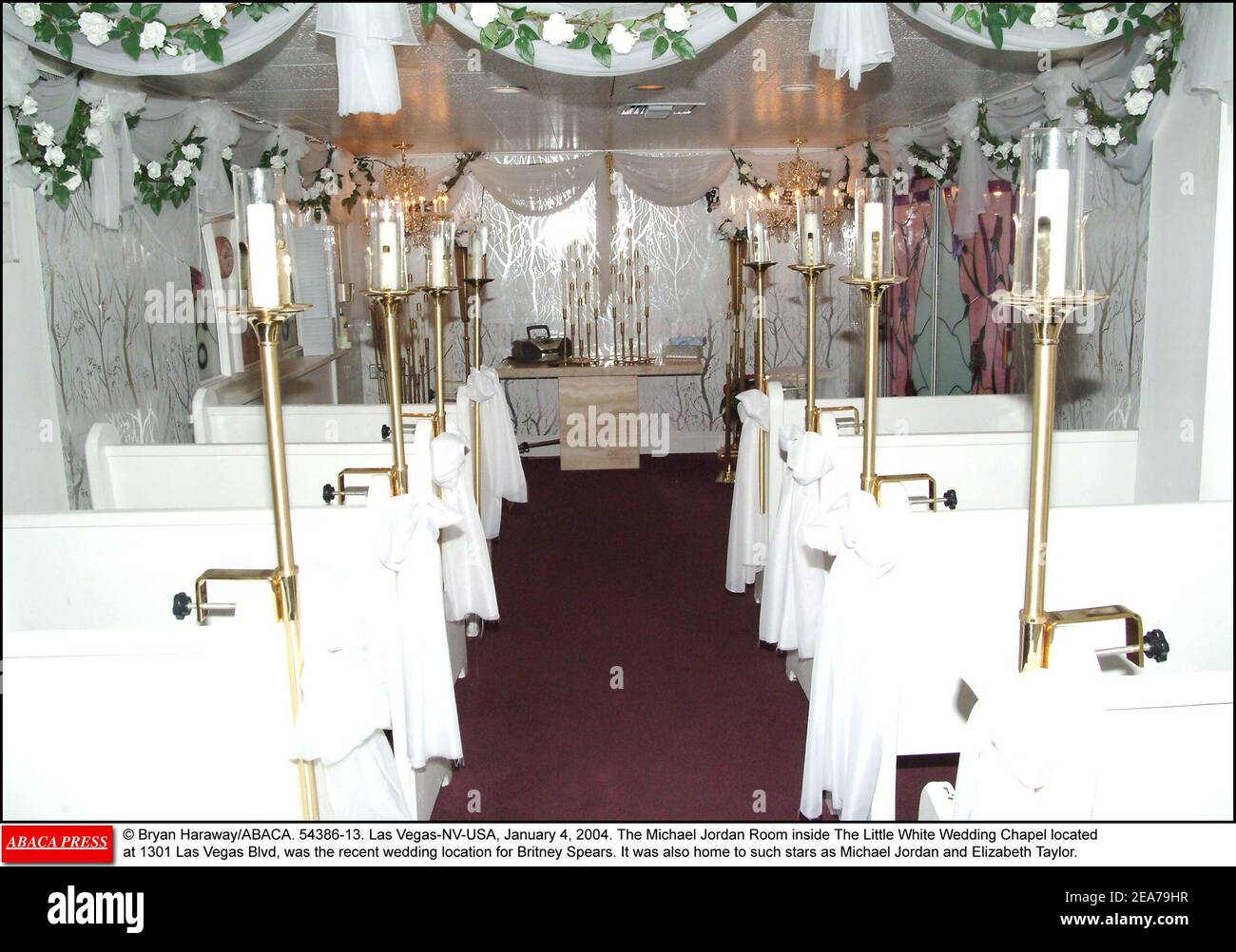 © Bryan Haraway/ABACA. 54386-13. Las Vegas-NV-USA, January 4, 2004. The Michael Jordan Room inside The Little White Wedding Chapel located at 1301 Las Vegas Blvd, was the recent wedding location for Britney Spears. It was also home to such stars as Michael Jordan and Elizabeth Taylor. Stock Photo