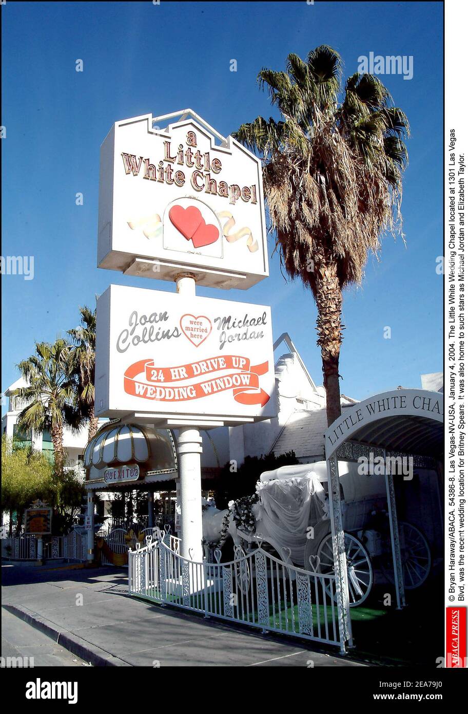 © Bryan Haraway/ABACA. 54386-8. Las Vegas-NV-USA, January 4, 2004. The Little White Wedding Chapel located at 1301 Las Vegas Blvd, was the recent wedding location for Britney Spears. It was also home to such stars as Michael Jordan and Elizabeth Taylor. Stock Photo