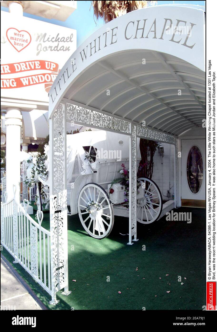 © Bryan Haraway/ABACA. 54386-1. Las Vegas-NV-USA, January 4, 2004. The Little White Wedding Chapel located at 1301 Las Vegas Blvd, was the recent wedding location for Britney Spears. It was also home to such stars as Michael Jordan and Elizabeth Taylor. Stock Photo