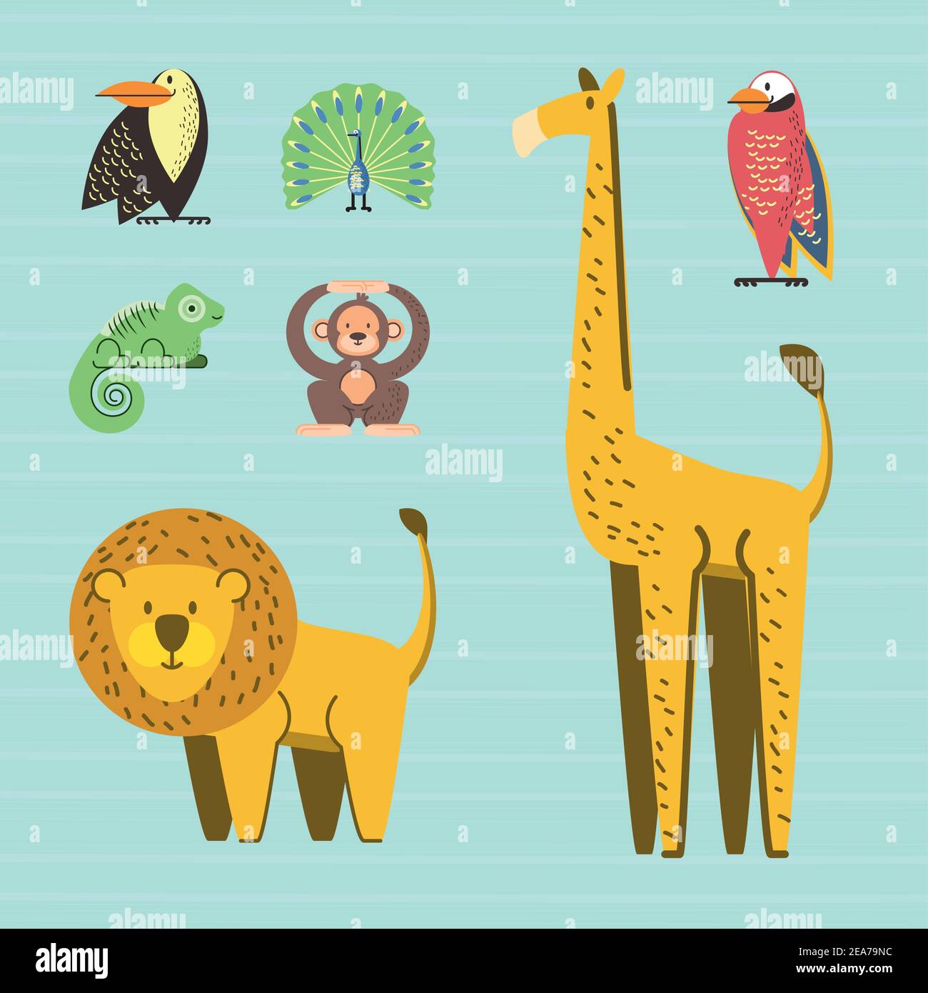 toucan monkey giraffe lion chameleon jungle animals cartoon vector ...
