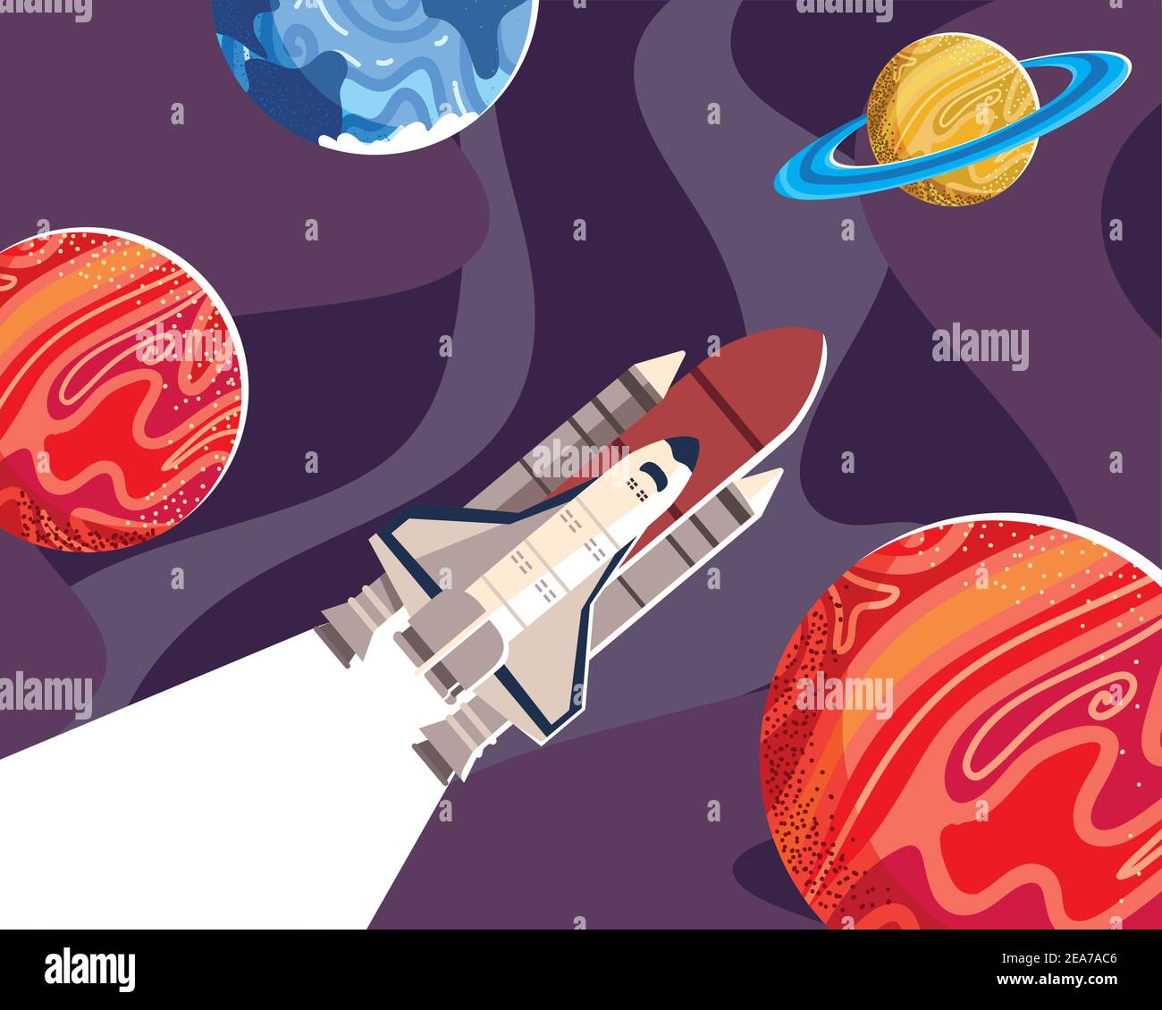 space explore spaceship adventure planets cosmos vector illustration 