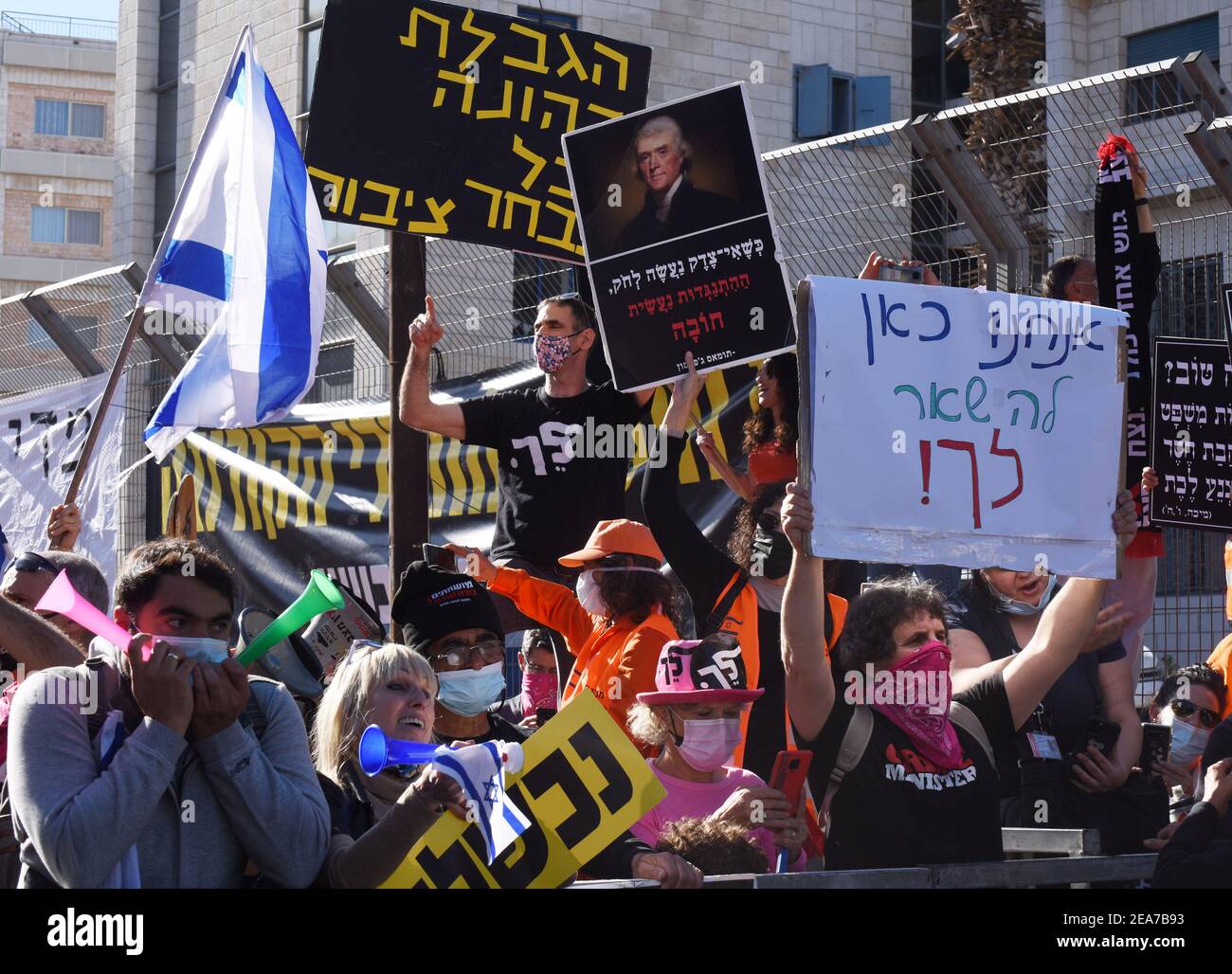 East Jerusalem, Israel. 08th Feb, 2021. Israelis chant slogans against Prime Minister Benjamin Netanyahu during his corruption trial in the District Court in East Jerusalem, on Monday, February 8, 2021. Netanyahu is charged with counts of bribery, fraud and breach of trust. Photo by Debbie Hill/UPI Credit: UPI/Alamy Live News Stock Photo