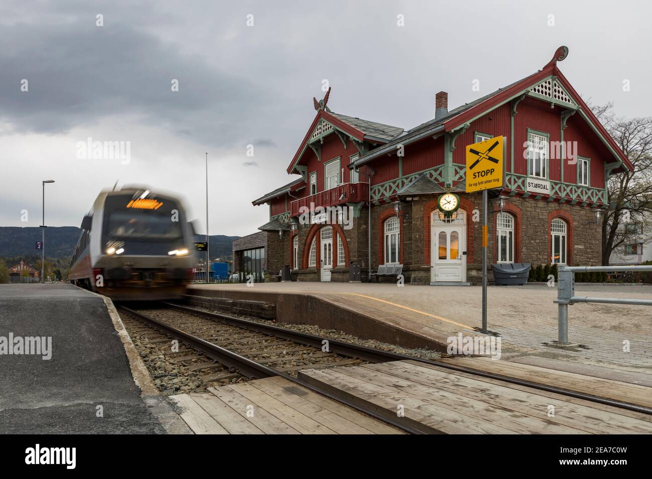 A local train entering Størdal station just north of Trondheim in Norway Stock Photo
