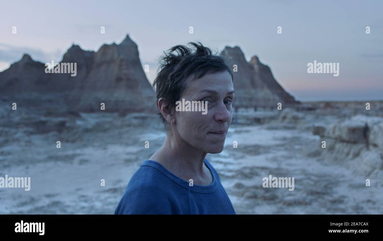 Nomadland (2020) directed by Chloé Zhao and starring Frances McDormand as a woman who loses everything in the Great Recession and embarks on a journey through the American West, living as a van-dwelling modern-day nomad. Stock Photo