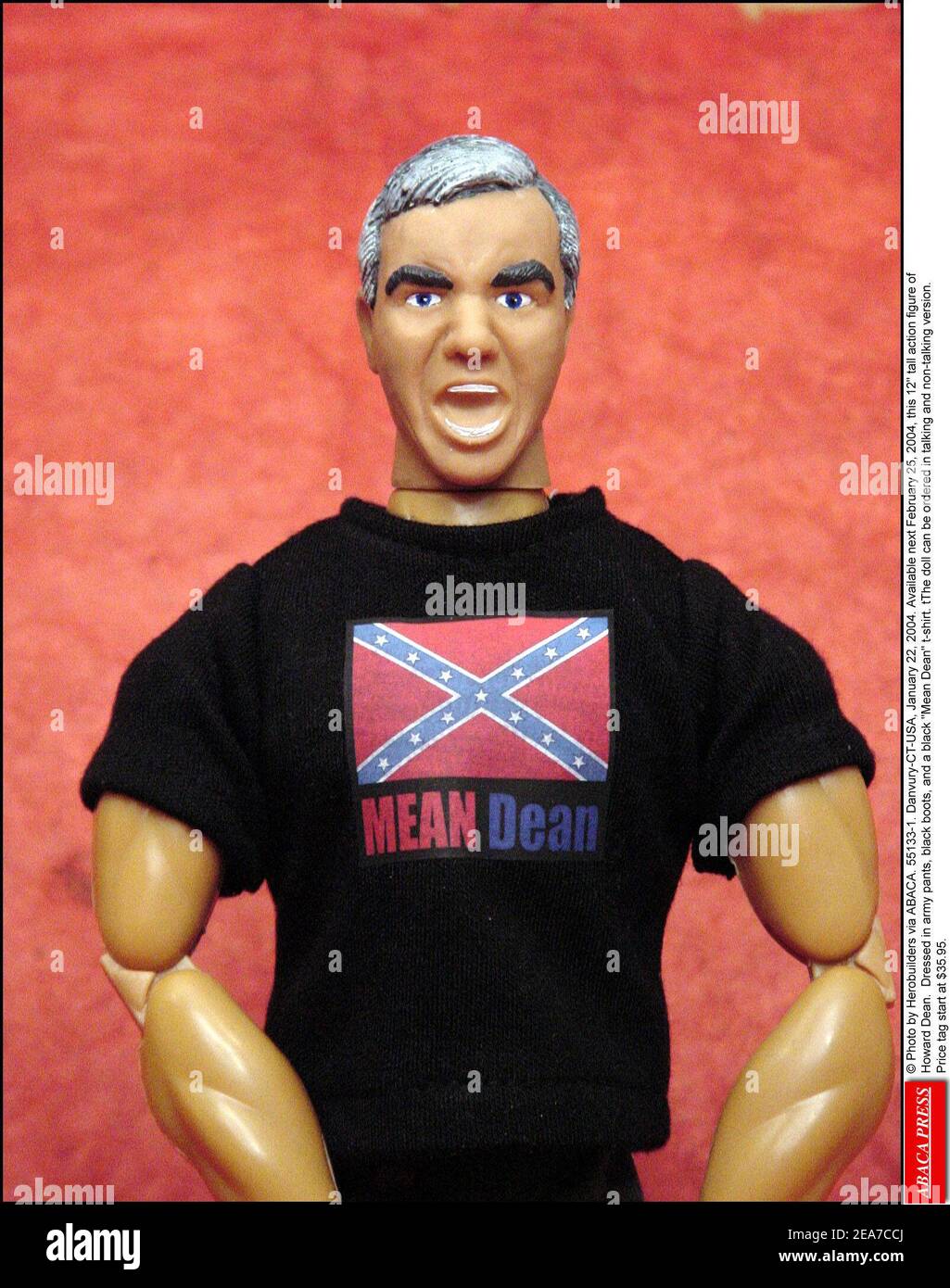 © Photo by Herobuilders via ABACA. 55133-1. Danvury-CT-USA, January 22, 2004. Available next February 25, 2004, this 12 tall action figure of Howard Dean. Dressed in army pants, black boots, and a black Mean Dean t-shirt. The doll can be ordered in talking and non-talking version. Price tag start at $35.95. Stock Photo